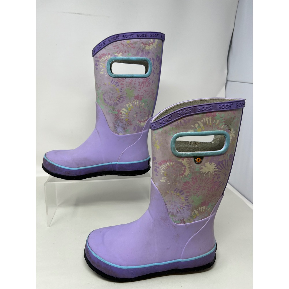 Bogs Rain Boots Youth 1 Floral Tie Dye Purple Waterproof Pull On Rubber Fair